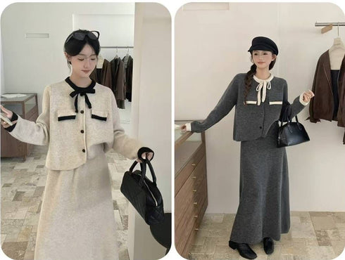Premium Ribbon Collar Soft Sweater With Skirts Sets